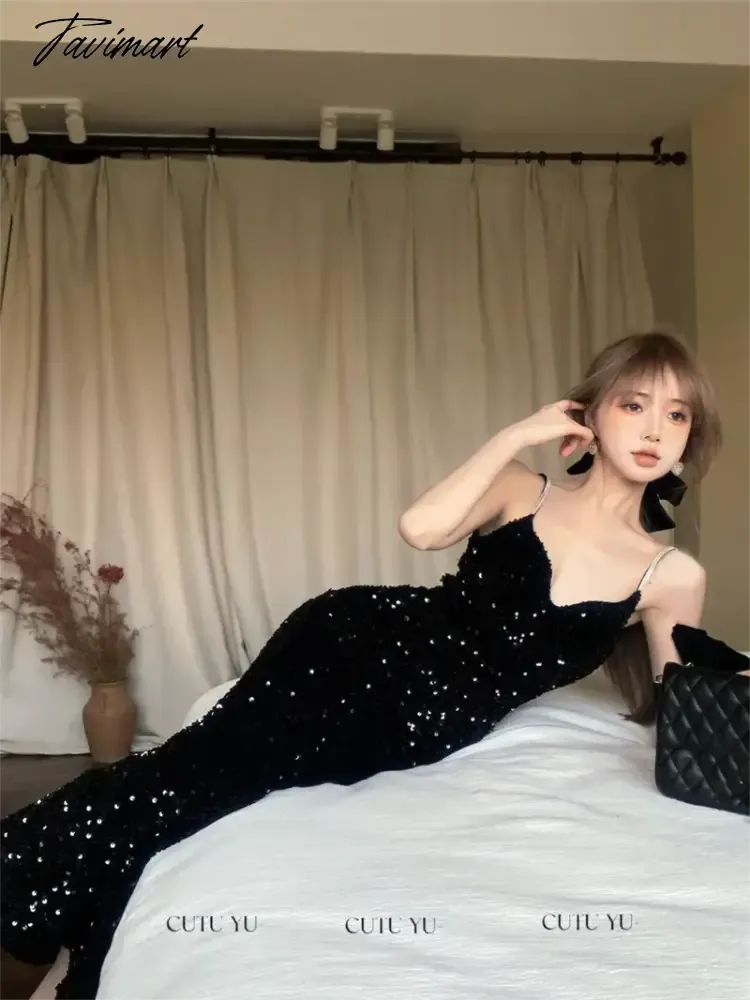 TAVIMART -  French Sweet Hot Girl Sexy Sequin Suspender Dress for Women's Winter Slim Fit Velvet Fishtail Long Dress Fashion Female Clothes