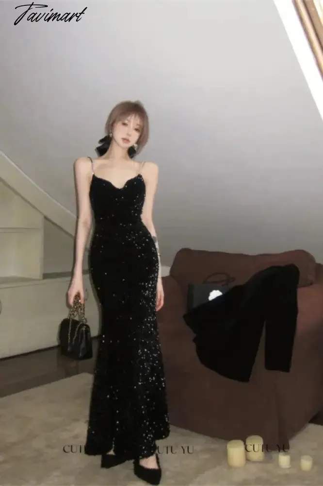 TAVIMART -  French Sweet Hot Girl Sexy Sequin Suspender Dress for Women's Winter Slim Fit Velvet Fishtail Long Dress Fashion Female Clothes