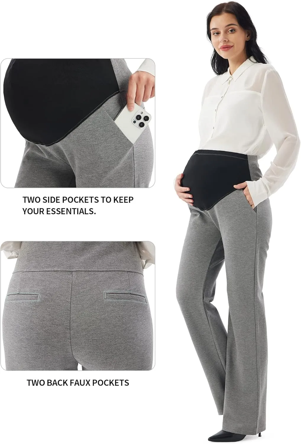 URBEST Women's Maternity Pants for Work, Office Wear Dress Pants Over The Belly Stretchy Pregnancy Bootcut Pants with Pockets