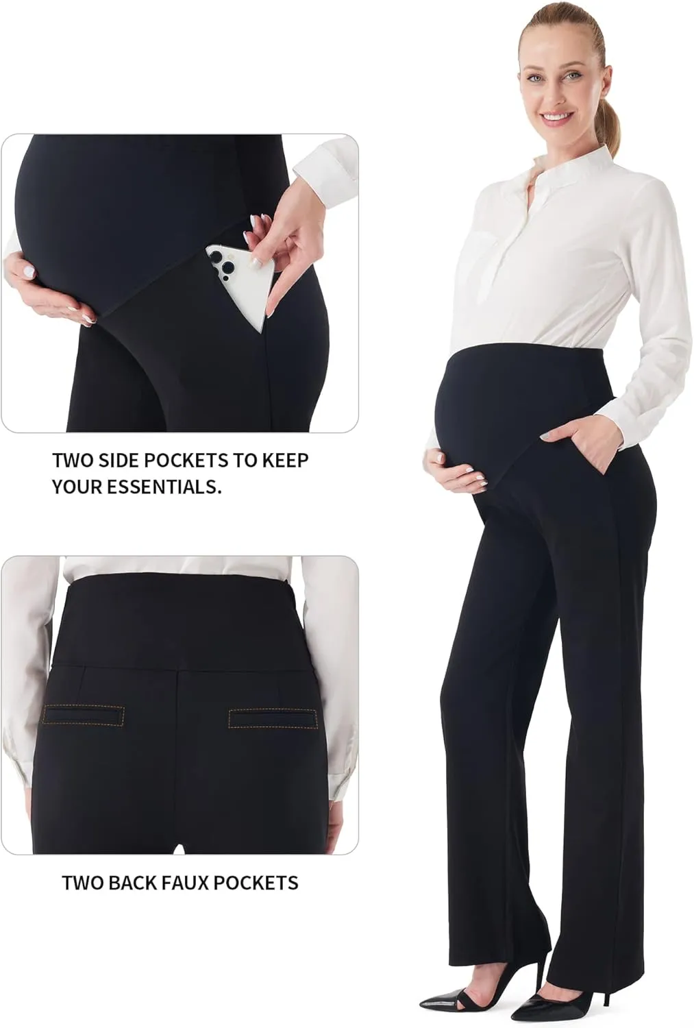 URBEST Women's Maternity Pants for Work, Office Wear Dress Pants Over The Belly Stretchy Pregnancy Bootcut Pants with Pockets