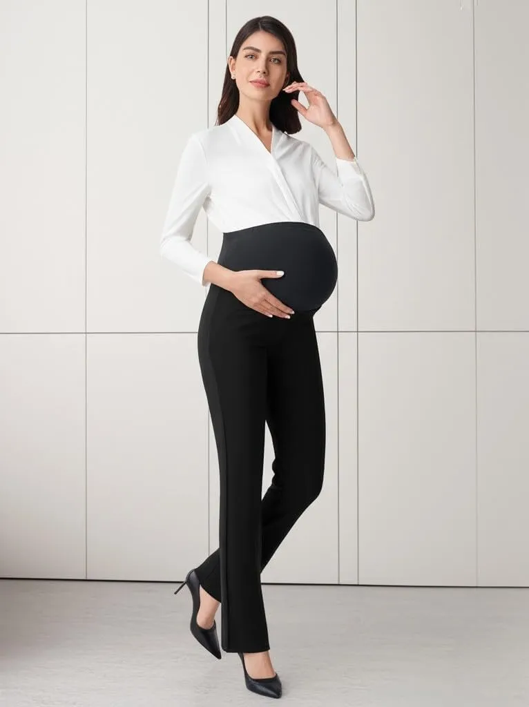URBEST Women's Maternity Pants for Work, Office Wear Dress Pants Over The Belly Stretchy Pregnancy Bootcut Pants with Pockets