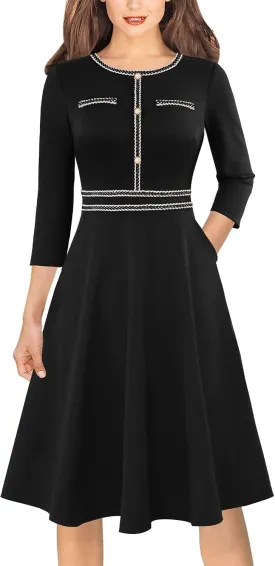 VFSHOW Womens Button Pockets Wear to Work Office Business Vintage Church Fit and Flare A Line Dress