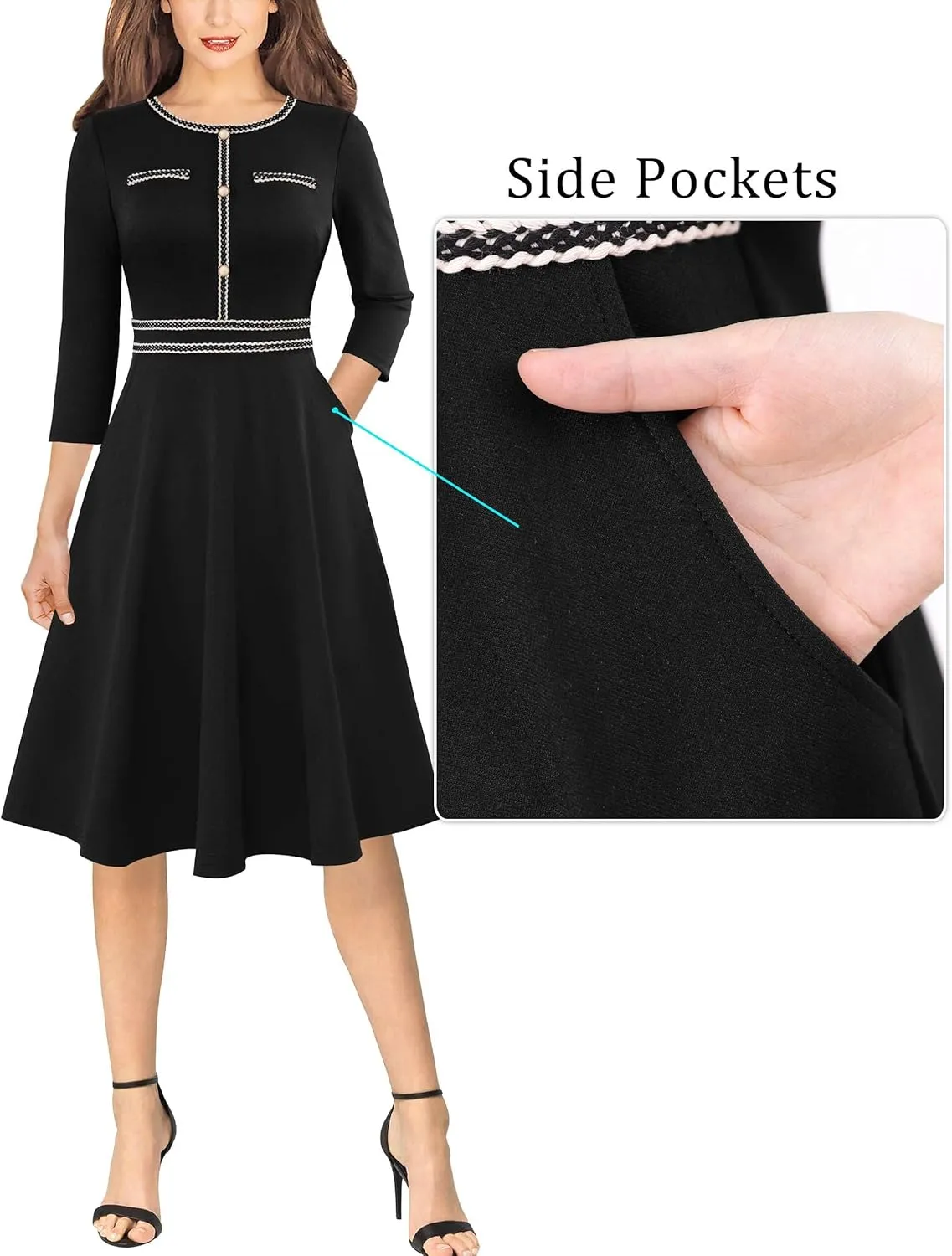 VFSHOW Womens Button Pockets Wear to Work Office Business Vintage Church Fit and Flare A Line Dress