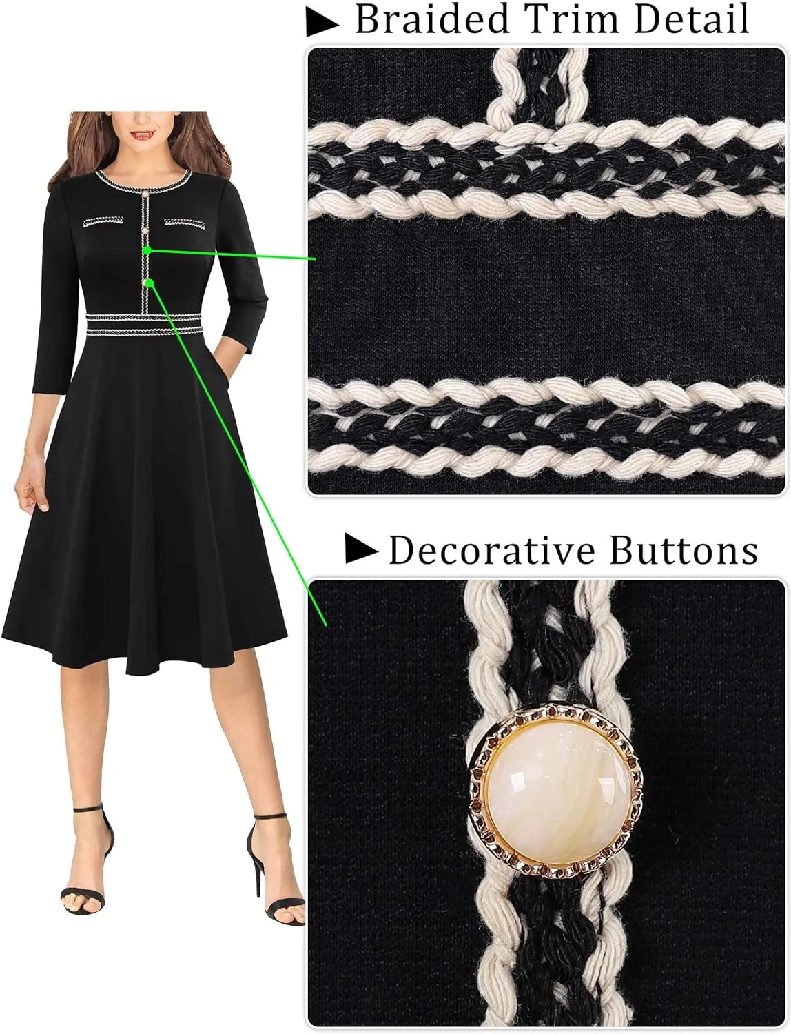 VFSHOW Womens Button Pockets Wear to Work Office Business Vintage Church Fit and Flare A Line Dress