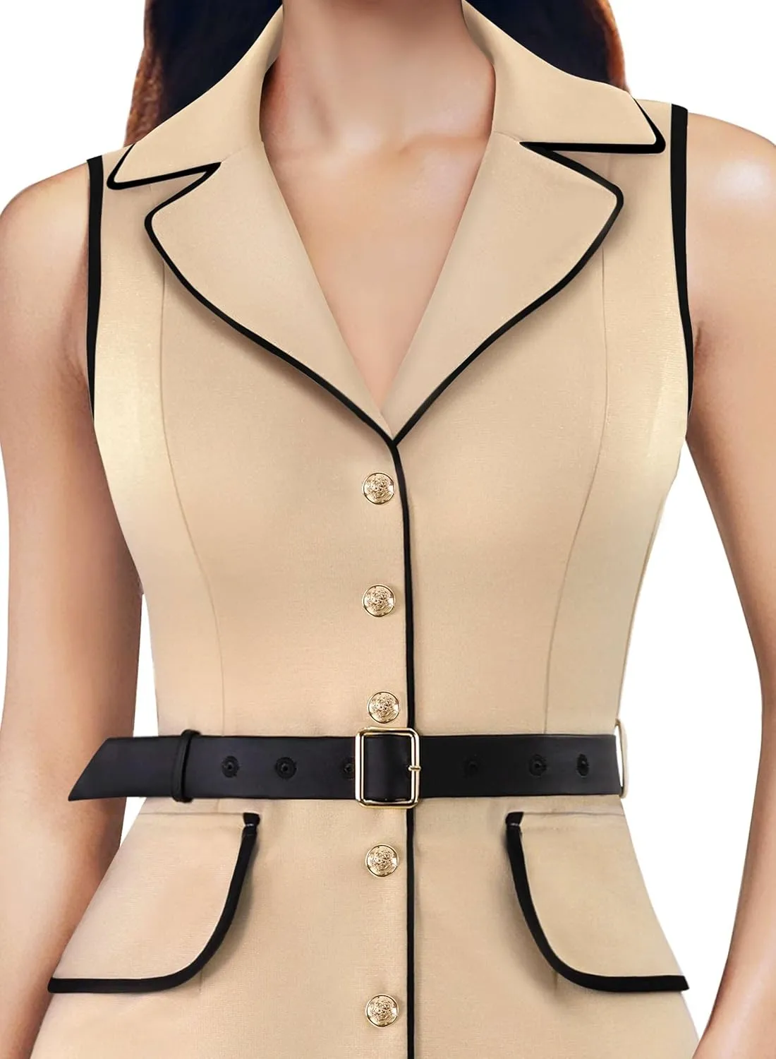 VFSHOW Womens Professional Work Business Casual Office Belted Elegant Lapel V Neck Buttons Fitted Pencil Sheath Dress