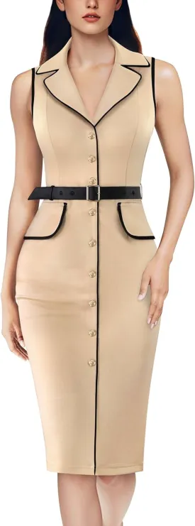 VFSHOW Womens Professional Work Business Casual Office Belted Elegant Lapel V Neck Buttons Fitted Pencil Sheath Dress