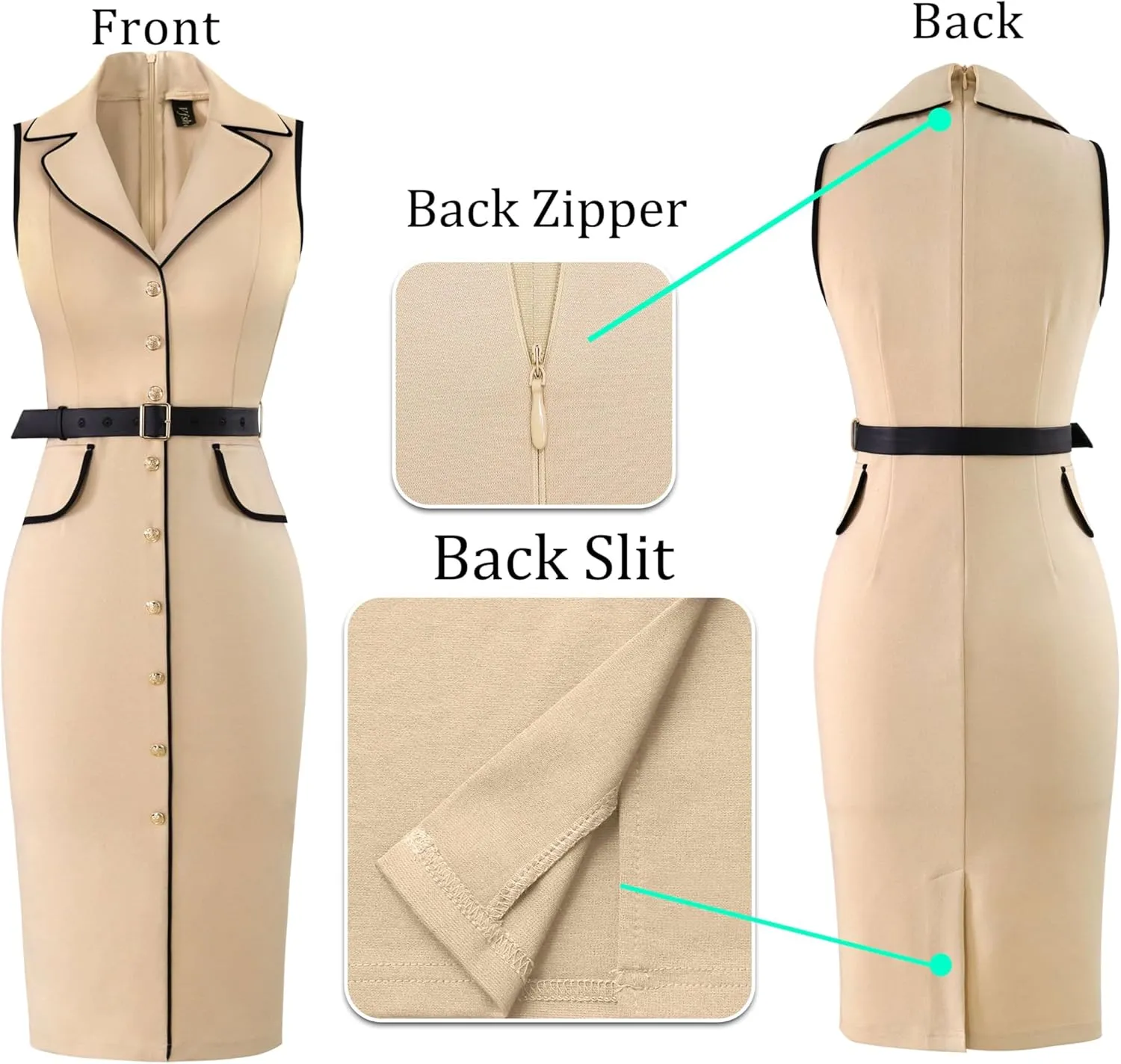 VFSHOW Womens Professional Work Business Casual Office Belted Elegant Lapel V Neck Buttons Fitted Pencil Sheath Dress