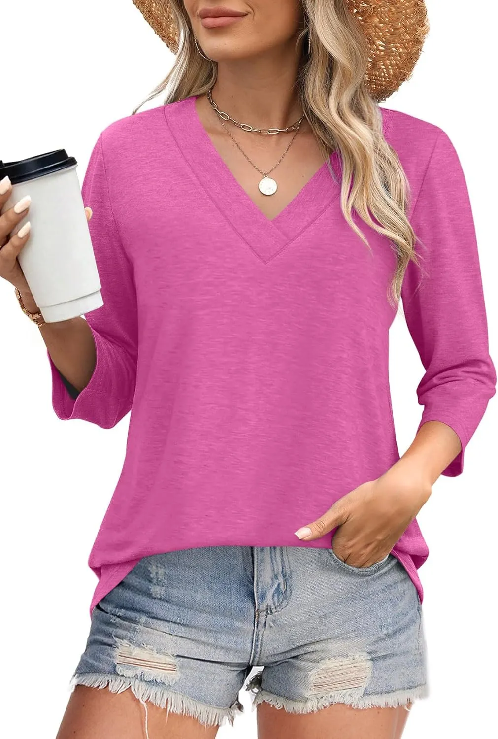 WIHOLL 3/4 Length Sleeve Womens Tops V Neck Casual Tunic Tops Basic Shirts Loose Fit Blouse
