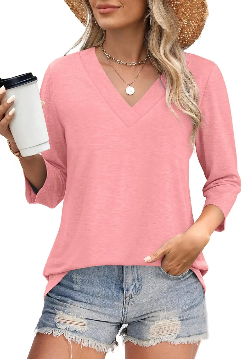 WIHOLL 3/4 Length Sleeve Womens Tops V Neck Casual Tunic Tops Basic Shirts Loose Fit Blouse