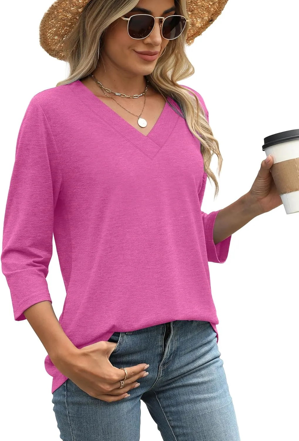 WIHOLL 3/4 Length Sleeve Womens Tops V Neck Casual Tunic Tops Basic Shirts Loose Fit Blouse