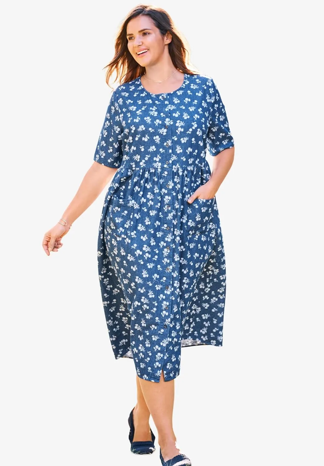 Woman Within Plus Size Short-Sleeve Denim Dress