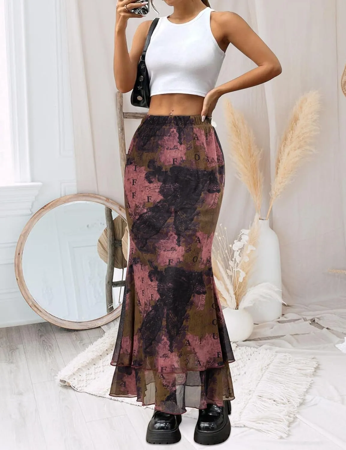 Women Maxi Skirt Ditsy Floral Mesh Skirt Summer Flowy Boho Elastic High Waisted Long Skirts Fashion Trendy