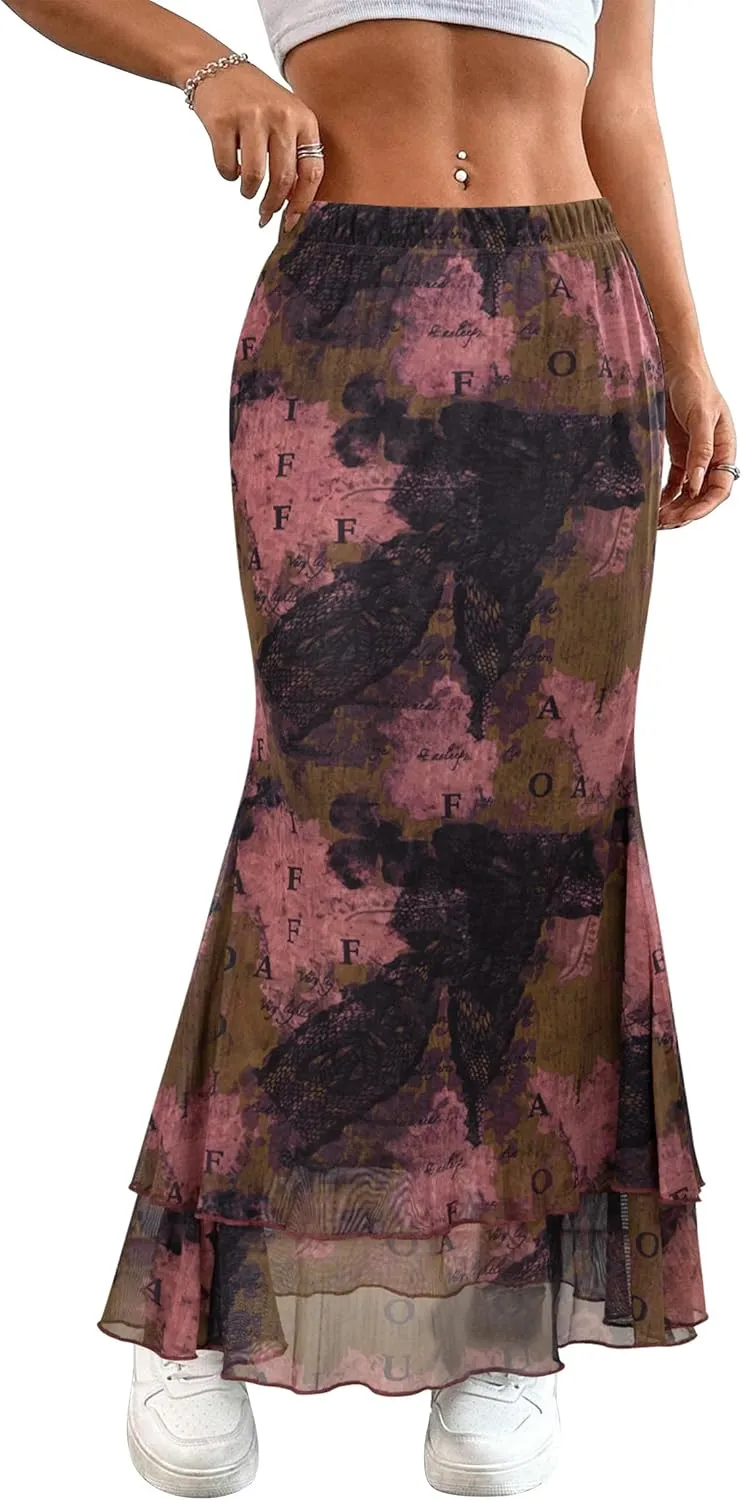 Women Maxi Skirt Ditsy Floral Mesh Skirt Summer Flowy Boho Elastic High Waisted Long Skirts Fashion Trendy