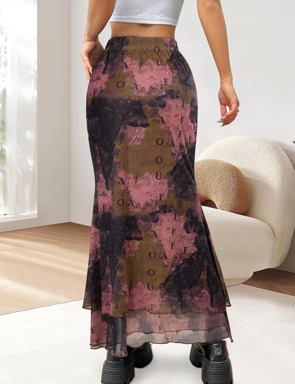 Women Maxi Skirt Ditsy Floral Mesh Skirt Summer Flowy Boho Elastic High Waisted Long Skirts Fashion Trendy
