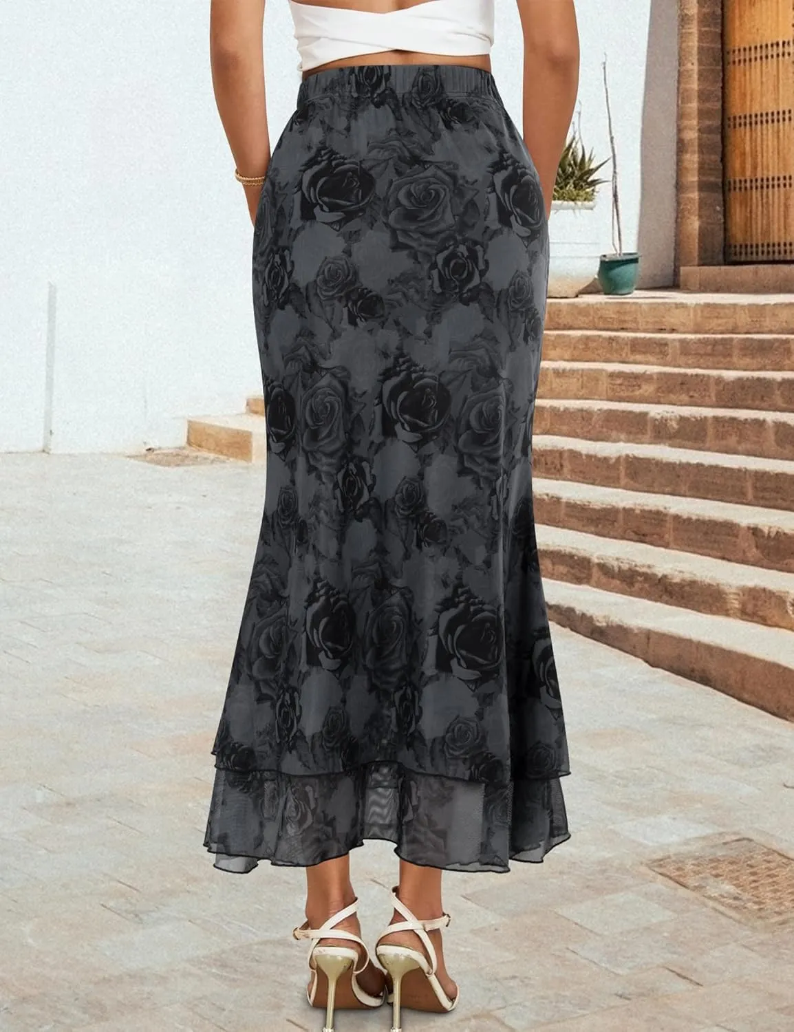 Women Maxi Skirt Ditsy Floral Mesh Skirt Summer Flowy Boho Elastic High Waisted Long Skirts Fashion Trendy