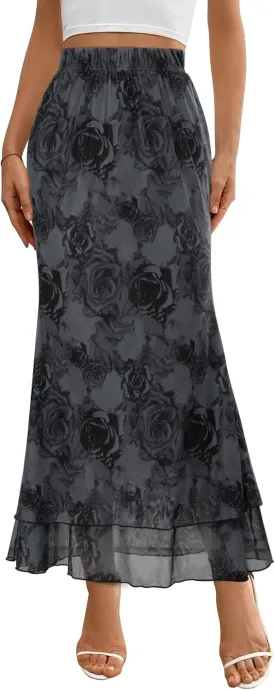 Women Maxi Skirt Ditsy Floral Mesh Skirt Summer Flowy Boho Elastic High Waisted Long Skirts Fashion Trendy