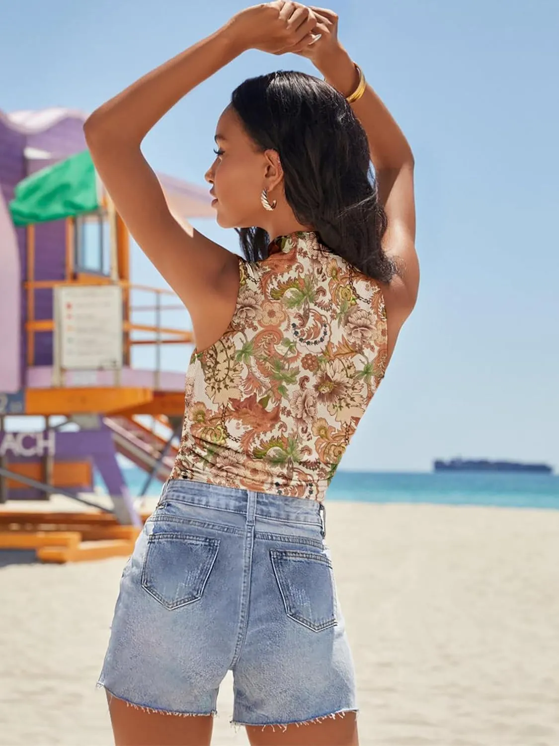 Women's Mesh Floral Tank Tops Sleeveless Mock Neck Sexy Going Out Shirts 2025 Trendy Summer Casual Outfits
