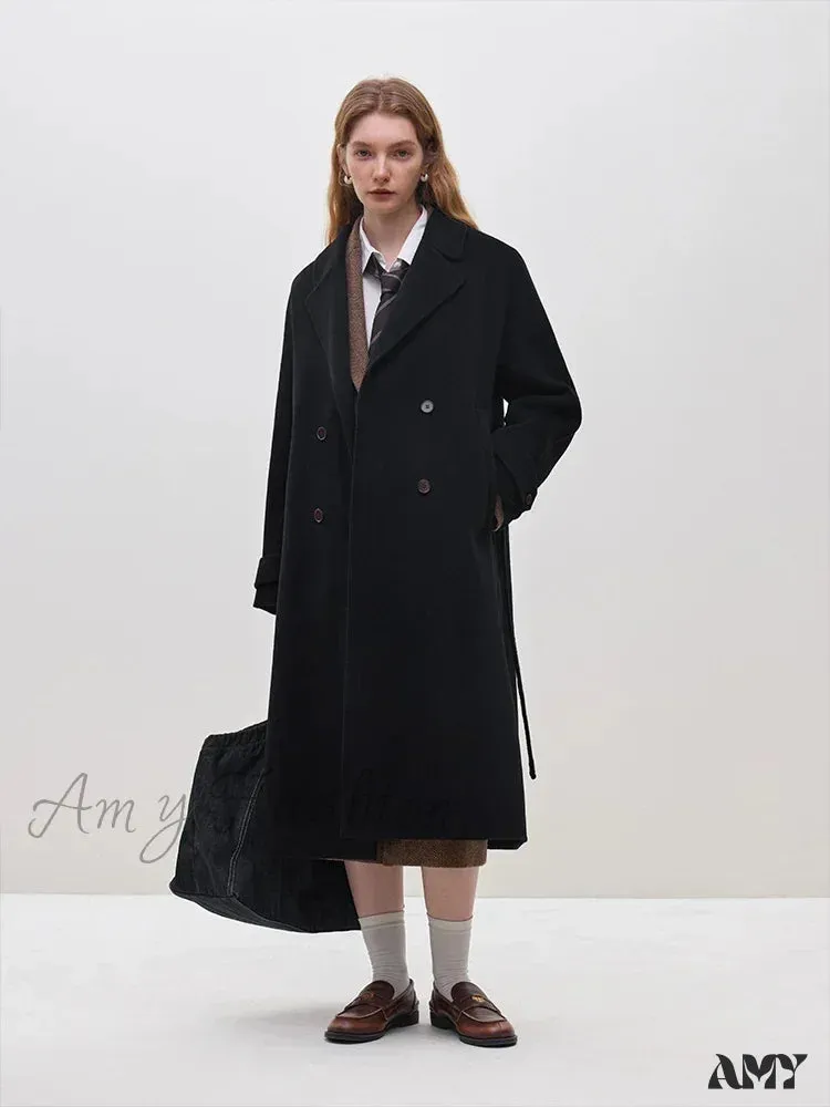 Wool Winter Notched Collar Belt Decoration Long Double Breasted Coat