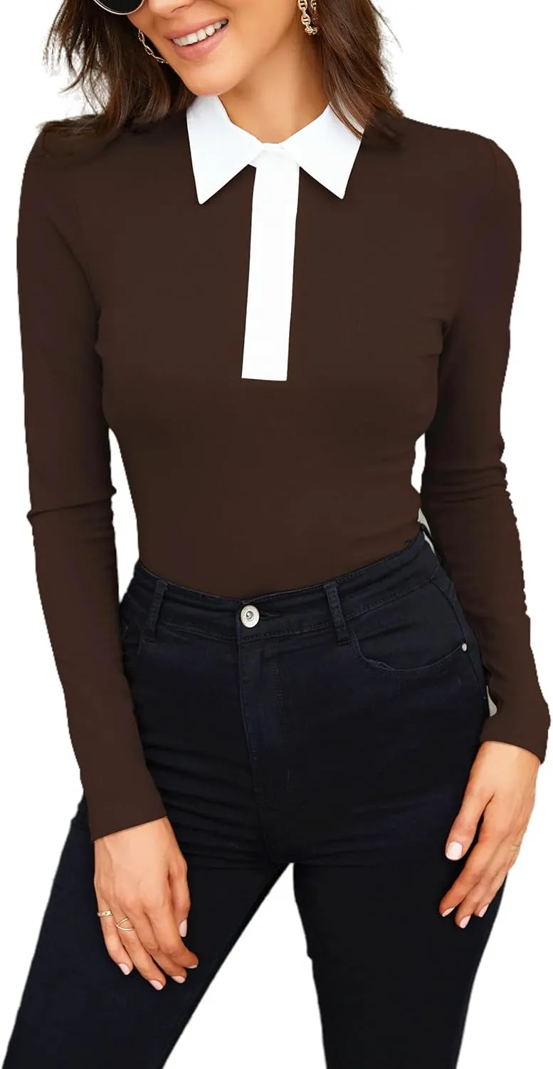 WOSALBA Womens Polo Shirts Fall Clothes for Women Lapel Collared V Neck Long Sleeve Tee Shirt