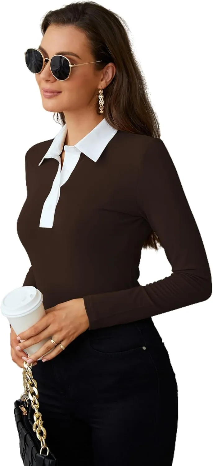 WOSALBA Womens Polo Shirts Fall Clothes for Women Lapel Collared V Neck Long Sleeve Tee Shirt