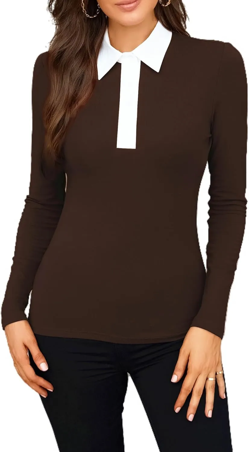 WOSALBA Womens Polo Shirts Fall Clothes for Women Lapel Collared V Neck Long Sleeve Tee Shirt