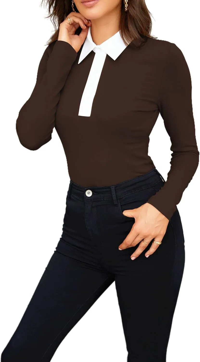WOSALBA Womens Polo Shirts Fall Clothes for Women Lapel Collared V Neck Long Sleeve Tee Shirt