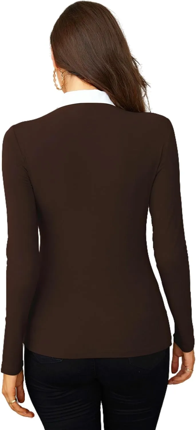 WOSALBA Womens Polo Shirts Fall Clothes for Women Lapel Collared V Neck Long Sleeve Tee Shirt