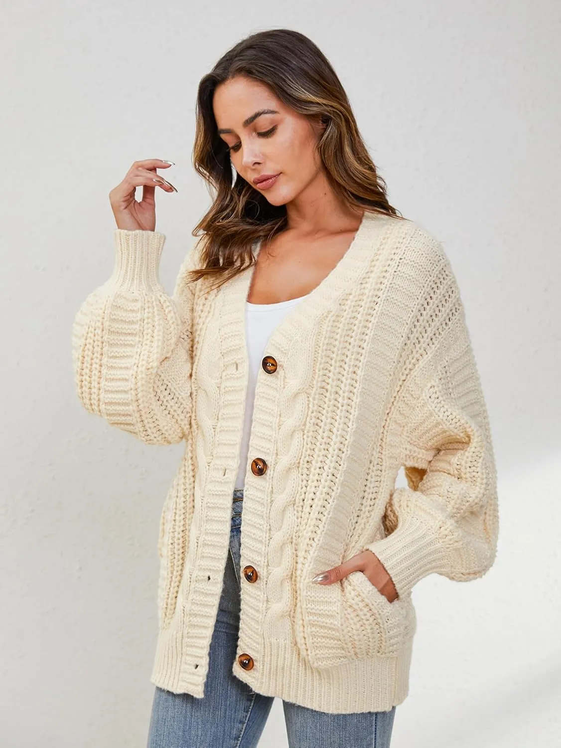 YKR Cardigan Sweaters for Women Oversized Chunky Open Front Lantern Sleeve Knit Button Down Sweaters Fall Winter 2024