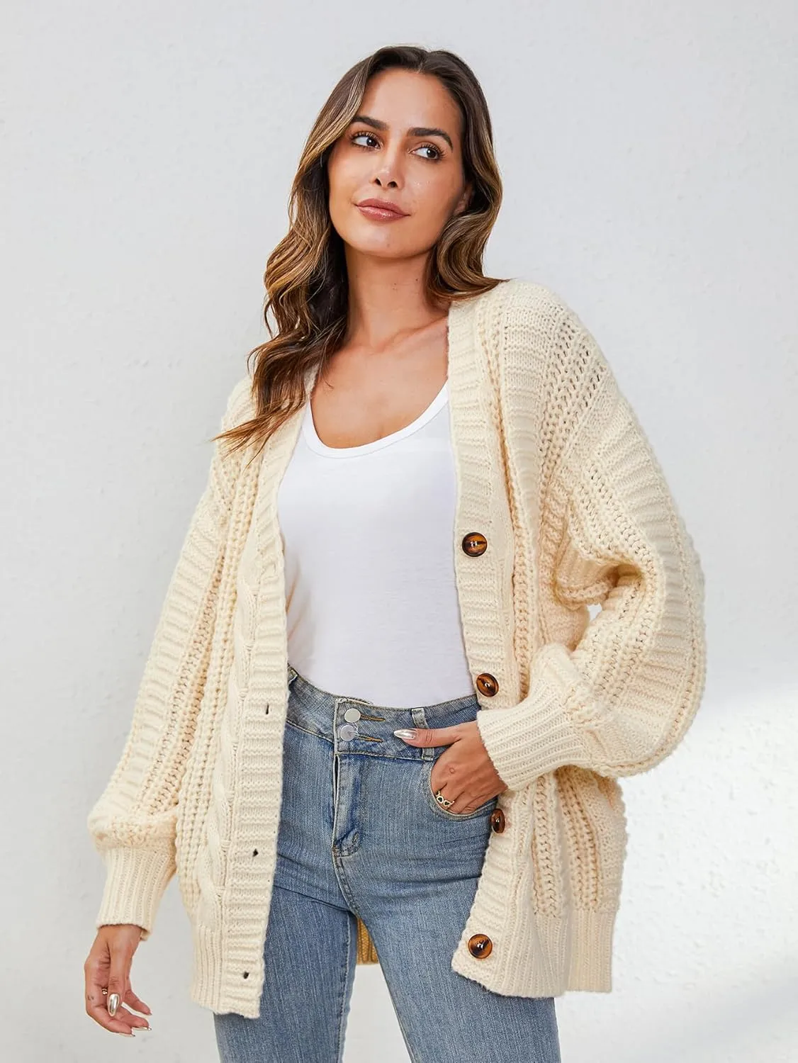 YKR Cardigan Sweaters for Women Oversized Chunky Open Front Lantern Sleeve Knit Button Down Sweaters Fall Winter 2024