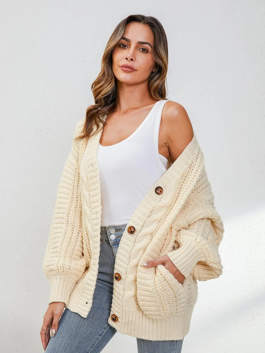 YKR Cardigan Sweaters for Women Oversized Chunky Open Front Lantern Sleeve Knit Button Down Sweaters Fall Winter 2024
