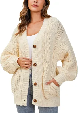 YKR Cardigan Sweaters for Women Oversized Chunky Open Front Lantern Sleeve Knit Button Down Sweaters Fall Winter 2024