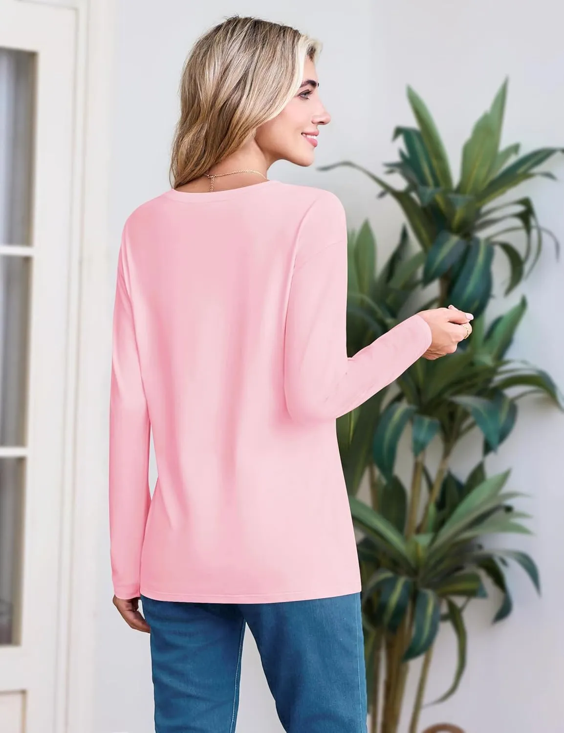 YUCOLEN Womens T Shirts V Neck Long Sleeve Tops Drop Shoulder Casual Loose Basic Tees