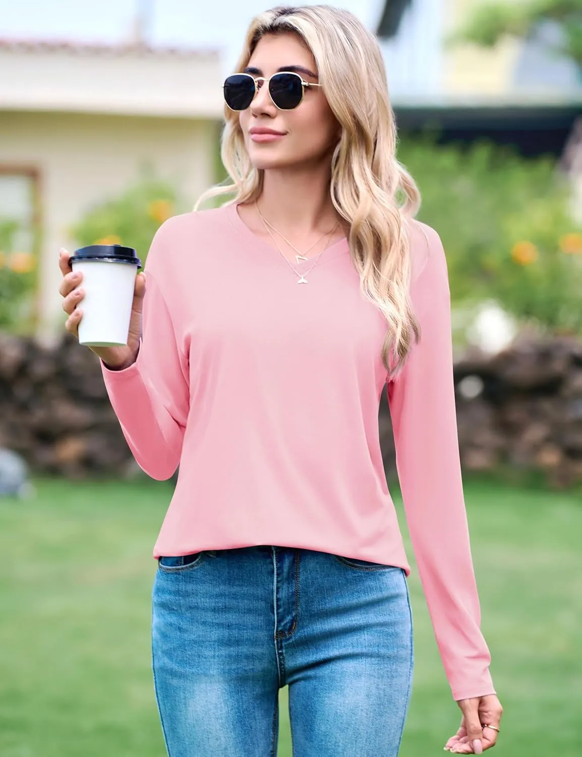 YUCOLEN Womens T Shirts V Neck Long Sleeve Tops Drop Shoulder Casual Loose Basic Tees